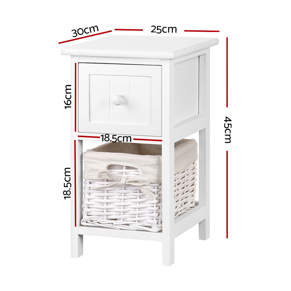 Artiss Bedside Table 1 Drawer with Basket Rustic White X2-1