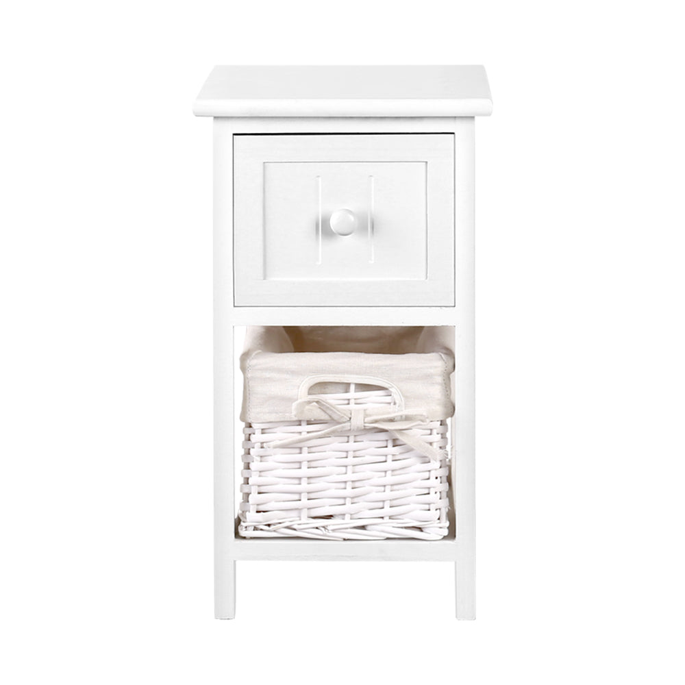 Artiss Bedside Table 1 Drawer with Basket Rustic White X2-2