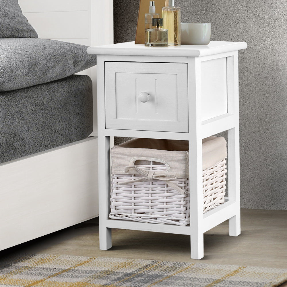 Artiss Bedside Table 1 Drawer with Basket Rustic White X2-7