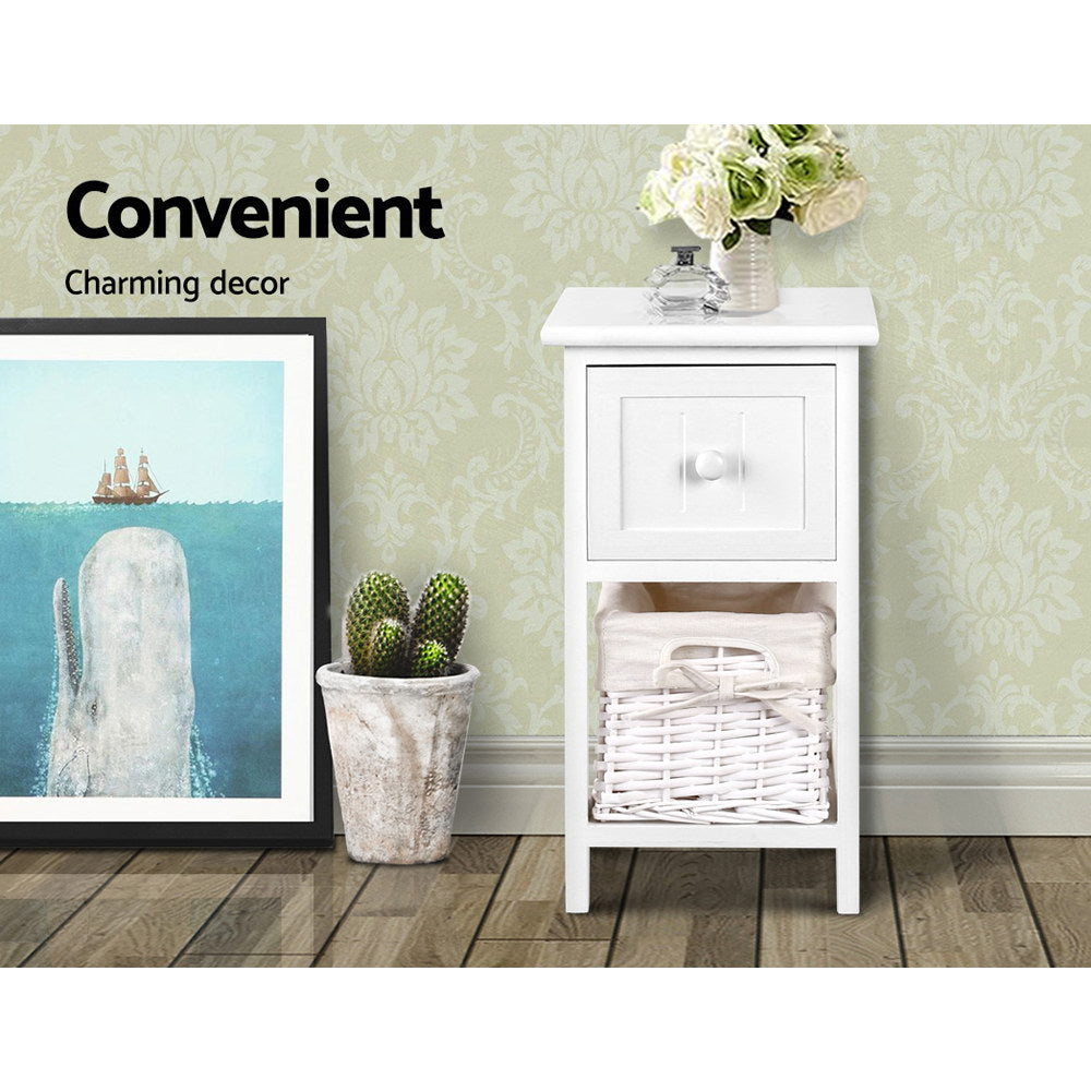 Artiss Bedside Table 1 Drawer with Basket Rustic White X2-2
