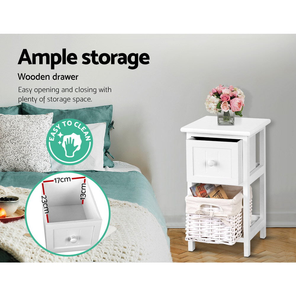 Artiss Bedside Table 1 Drawer with Basket Rustic White X2-3