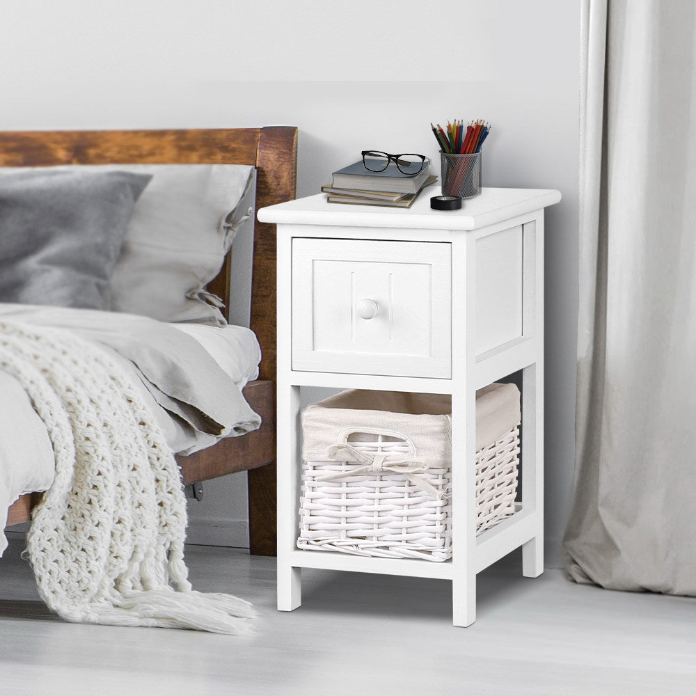 Artiss Bedside Table 1 Drawer with Basket Rustic White X2-6