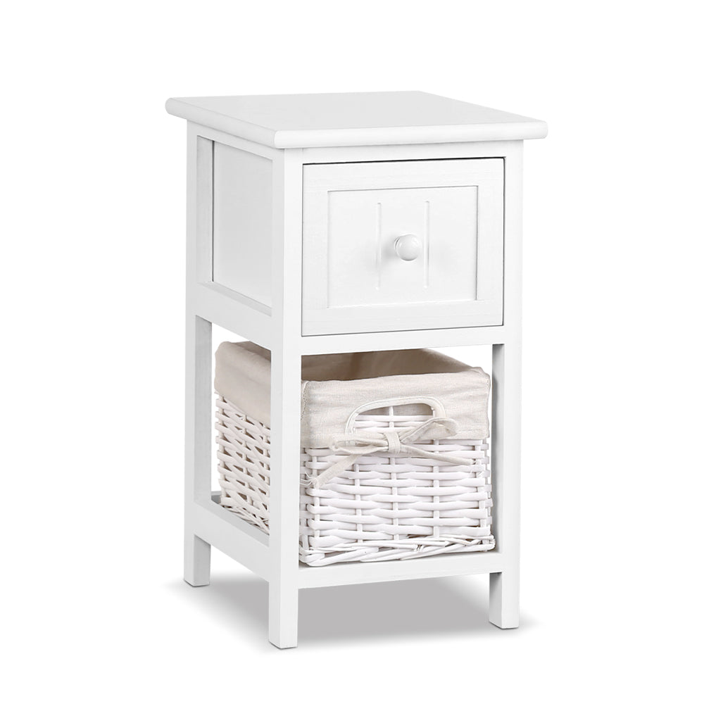 Artiss Bedside Table 1 Drawer with Basket Rustic White X2-7