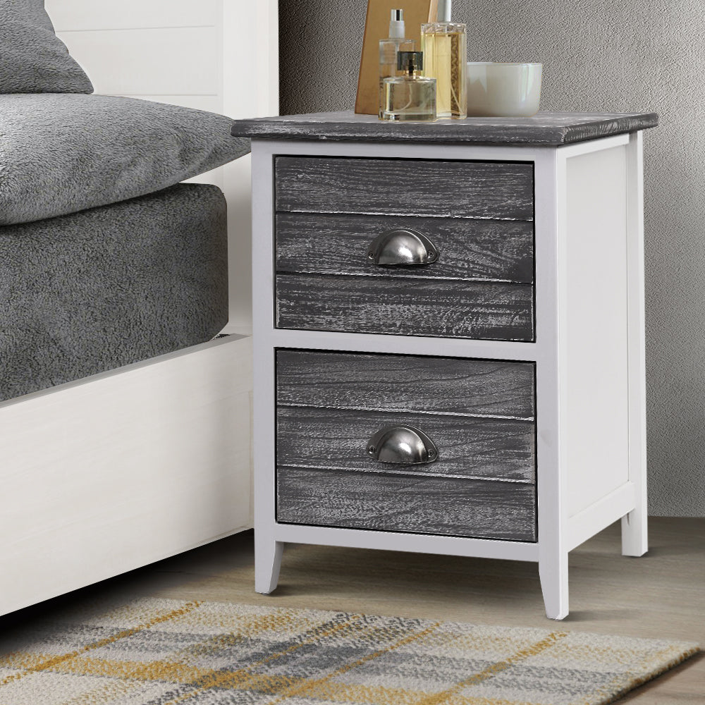 Artiss Bedside Table 2 Drawers Vintage X2 - THYME Grey-7