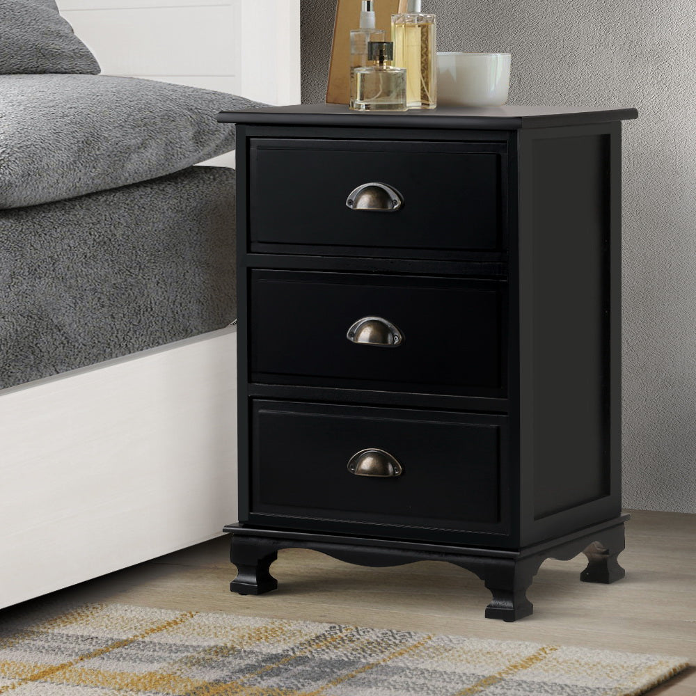 Artiss Bedside Table 3 Drawers Vintage - THYME Black-7