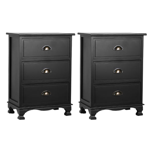 Artiss 2x Bedside Table 3 Drawers Vintage - THYME Black-0