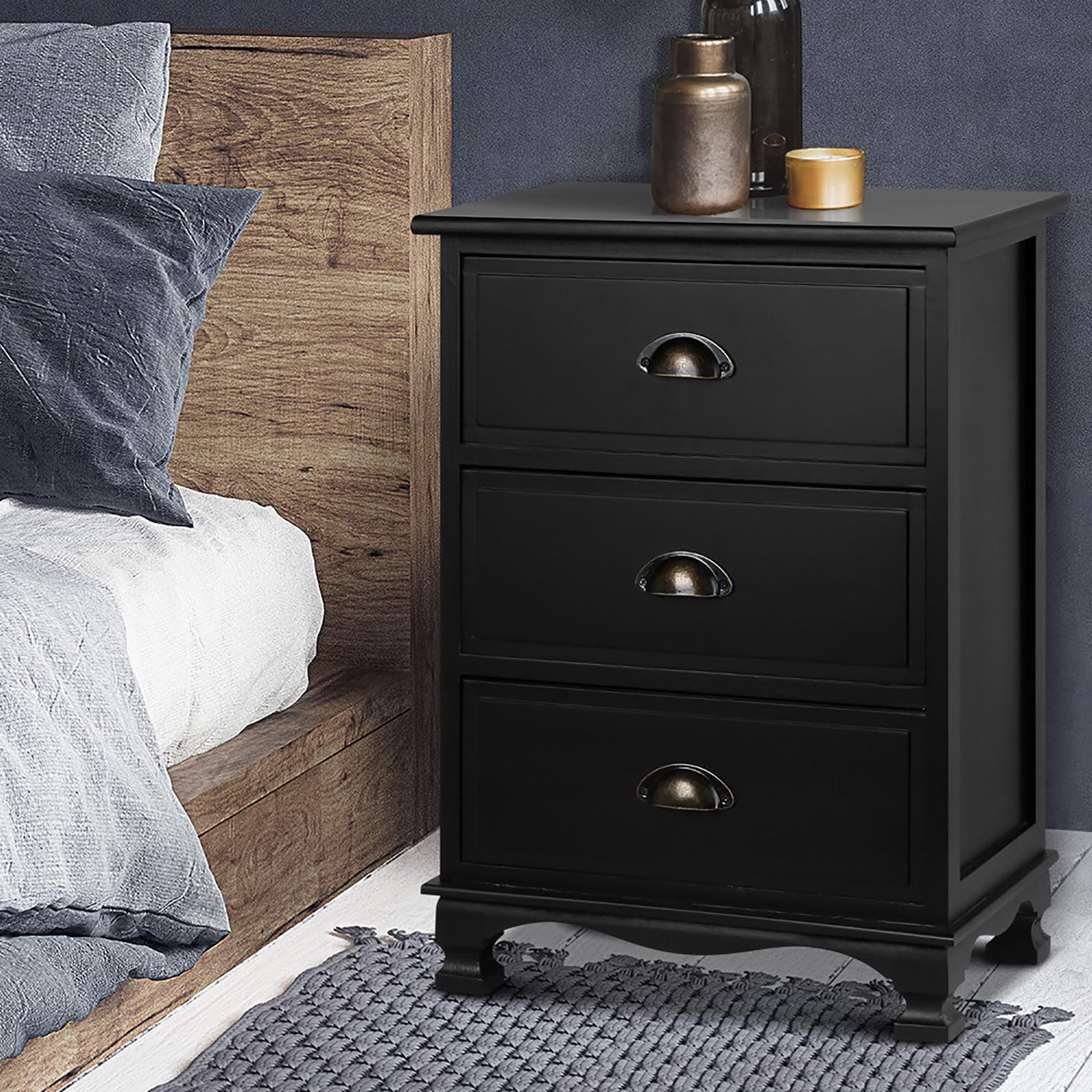 Artiss 2x Bedside Table 3 Drawers Vintage - THYME Black-1