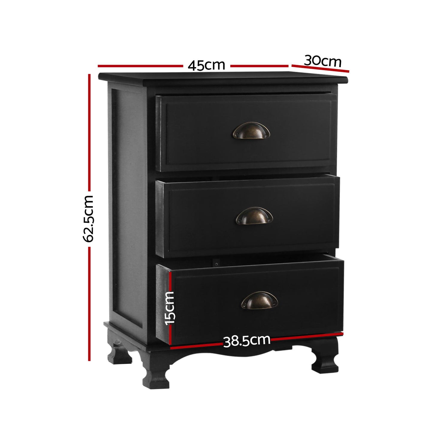 Artiss 2x Bedside Table 3 Drawers Vintage - THYME Black-2