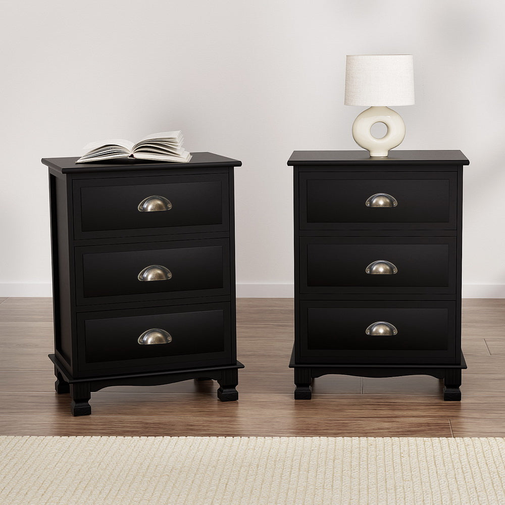 Artiss 2x Bedside Table 3 Drawers Vintage - THYME Black-7