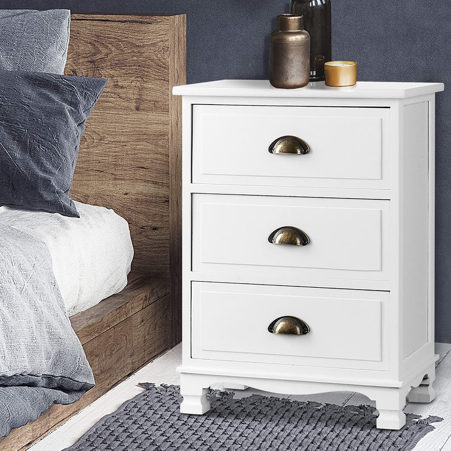 Artiss 2x Bedside Table 3 Drawers Vintage - THYME White-1