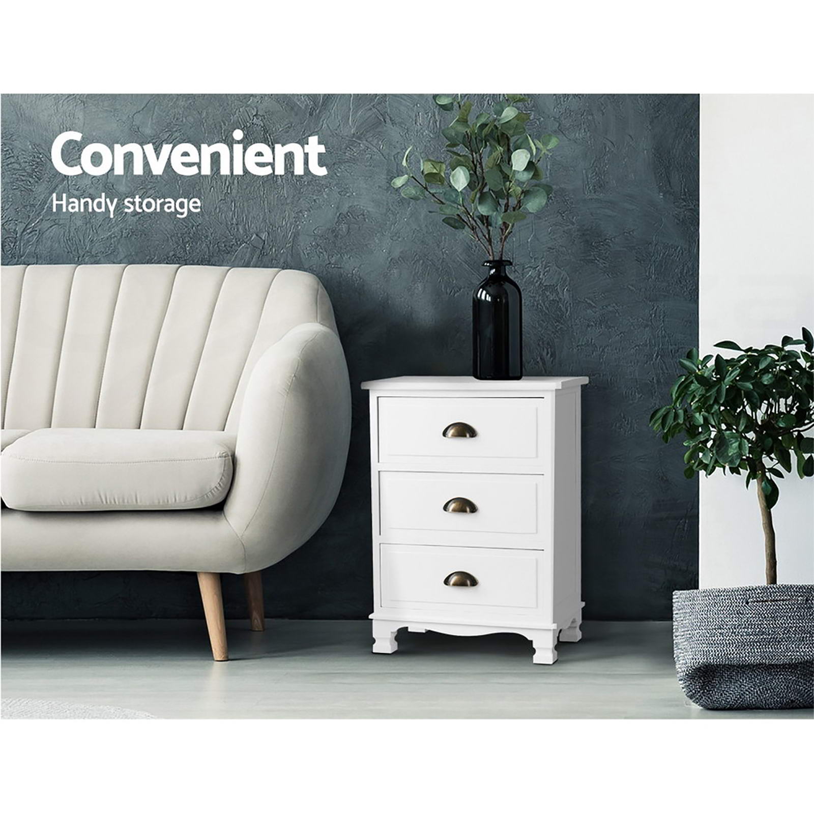 Artiss 2x Bedside Table 3 Drawers Vintage - THYME White-3