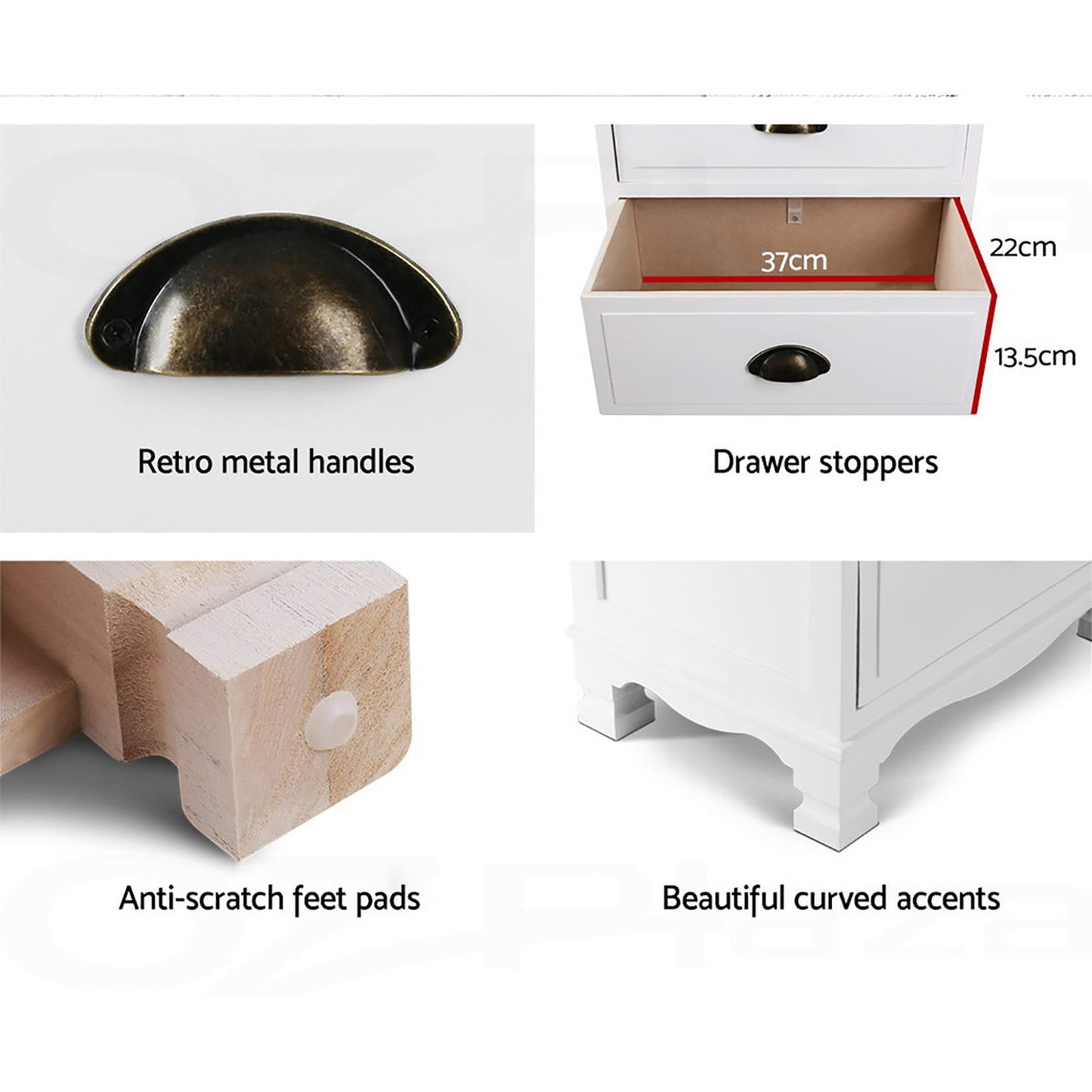 Artiss 2x Bedside Table 3 Drawers Vintage - THYME White-6