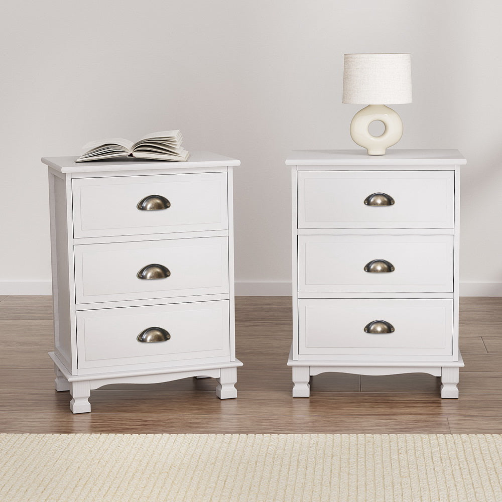 Artiss 2x Bedside Table 3 Drawers Vintage - THYME White-7