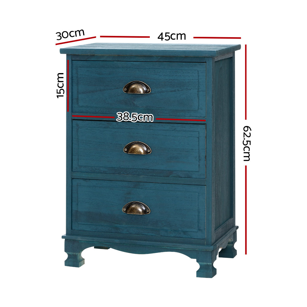 Artiss Bedside Table 3 Drawers Vintage - THYME Blue-1