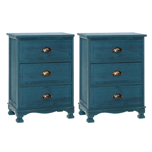 Artiss 2x Bedside Table 3 Drawers Vintage - THYME Blue-0