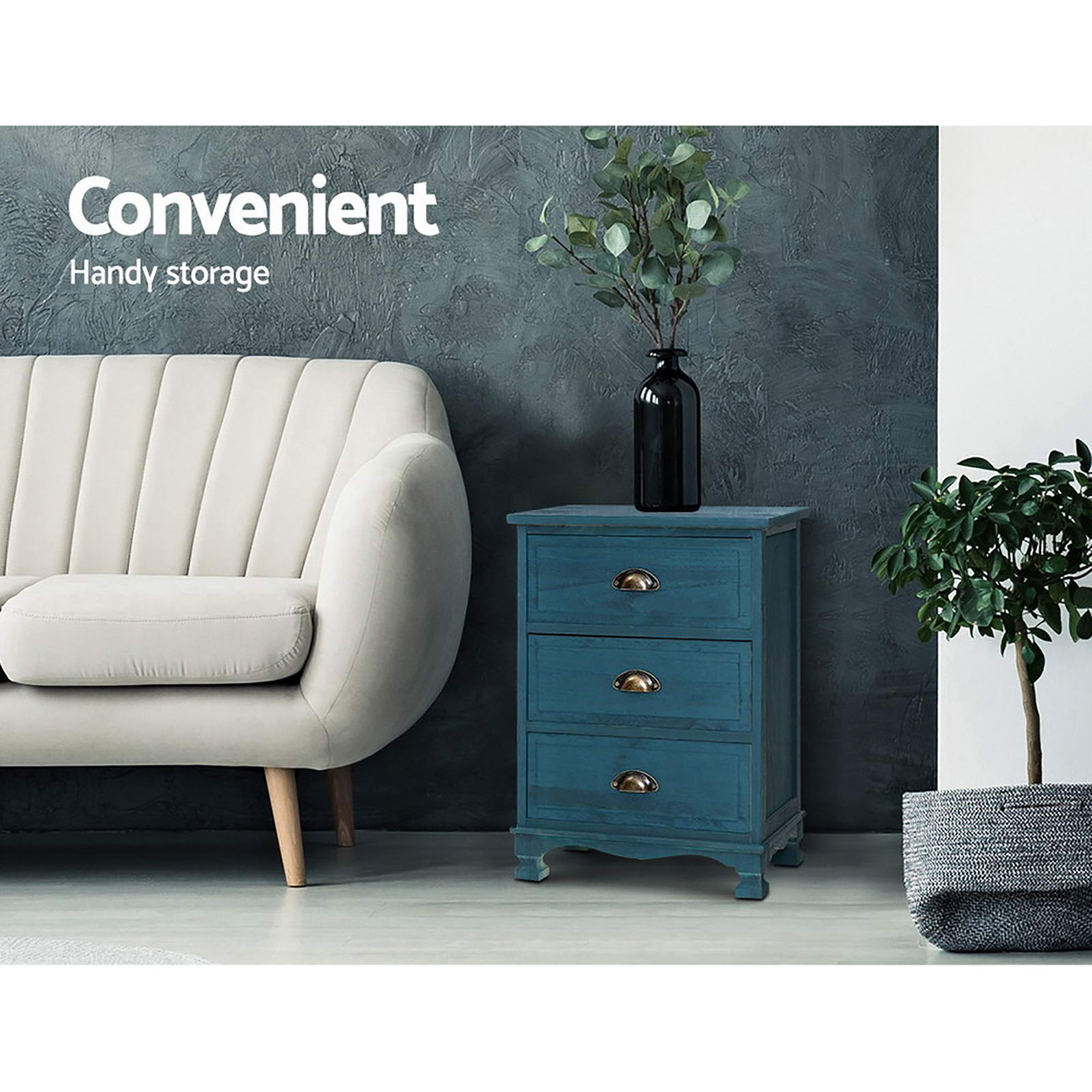 Artiss 2x Bedside Table 3 Drawers Vintage - THYME Blue-2