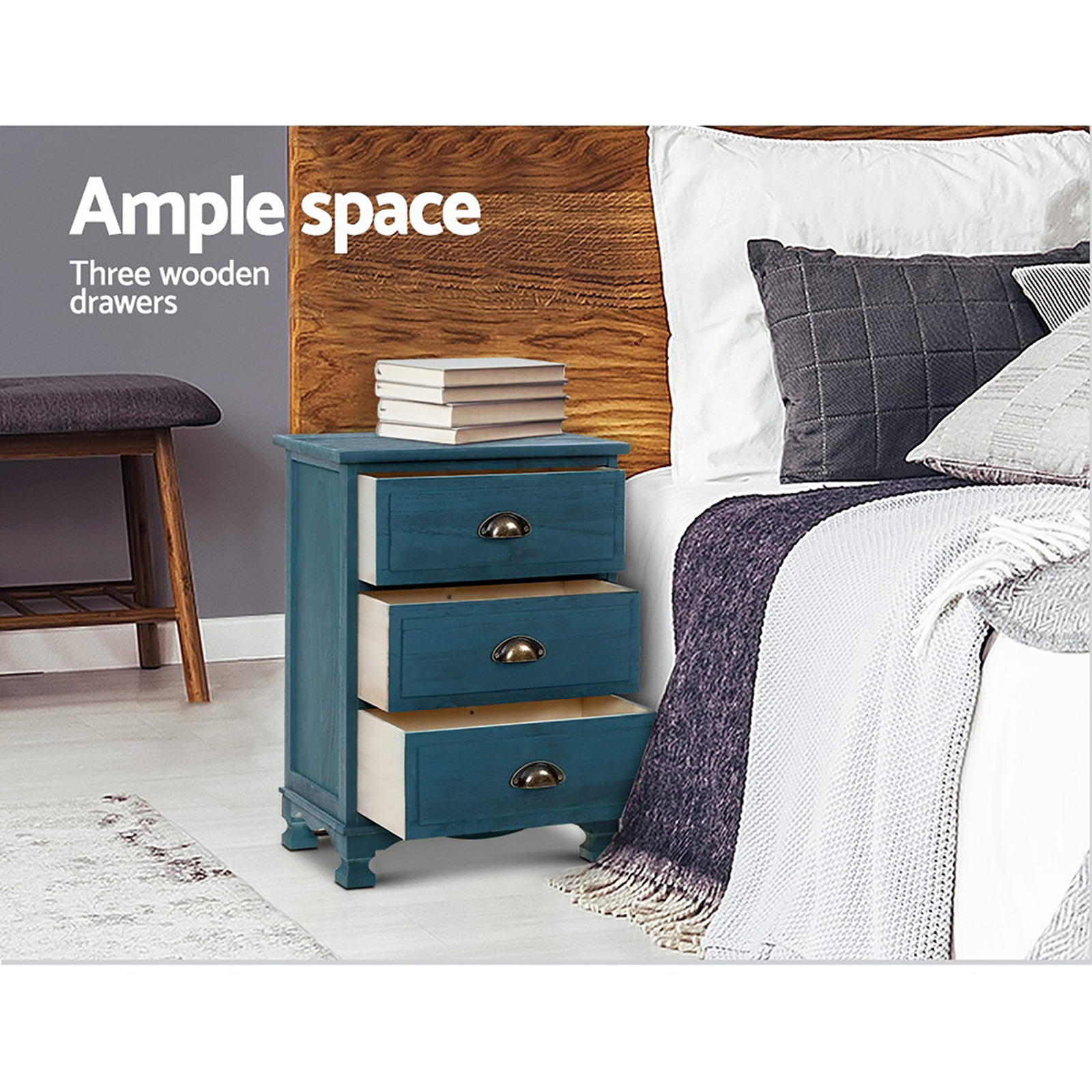 Artiss 2x Bedside Table 3 Drawers Vintage - THYME Blue-4