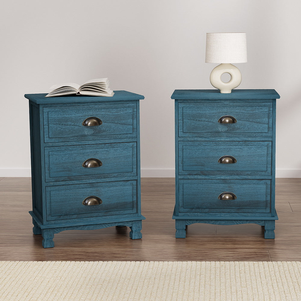 Artiss 2x Bedside Table 3 Drawers Vintage - THYME Blue-7