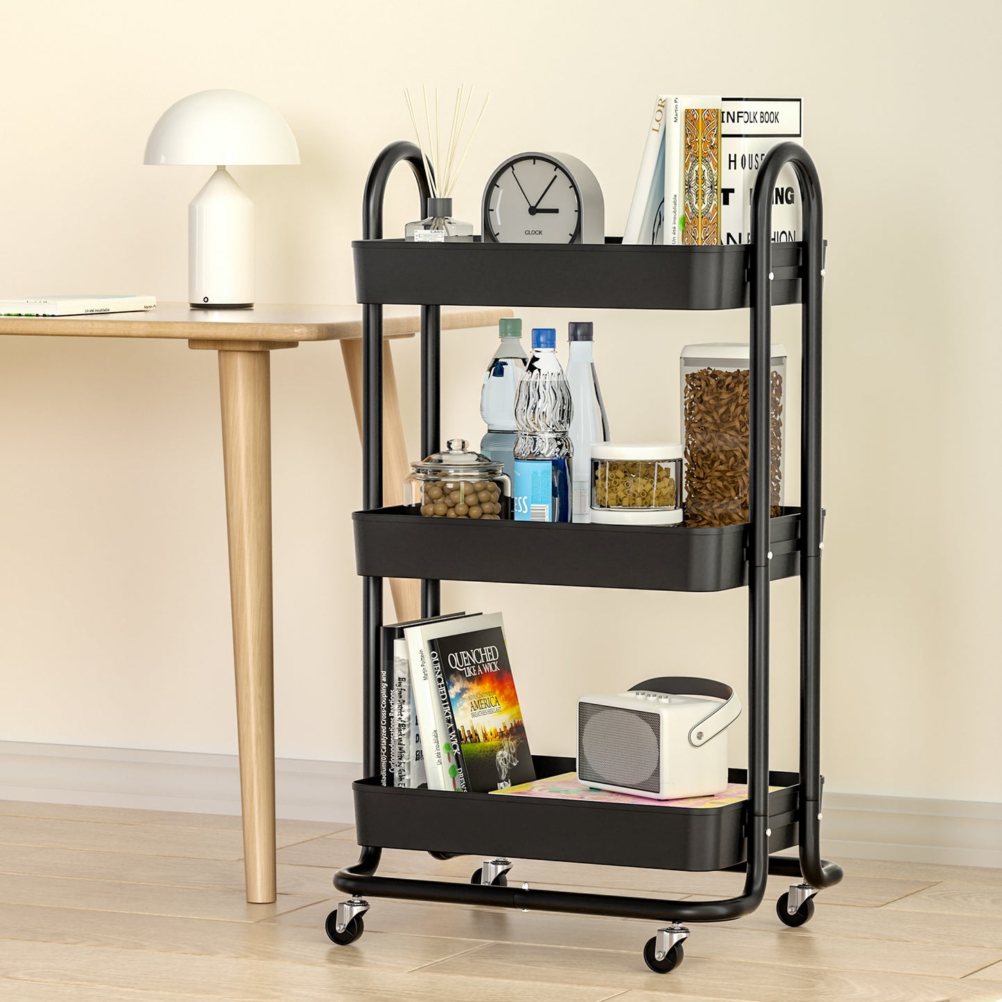 Artiss Storage Trolley Kitchen Cart 3 Tiers Rack Shelf Organiser Wheels Black-6