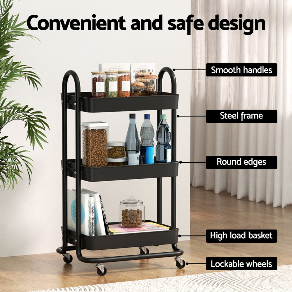 Artiss Storage Trolley Kitchen Cart 3 Tiers Rack Shelf Organiser Wheels Black-4