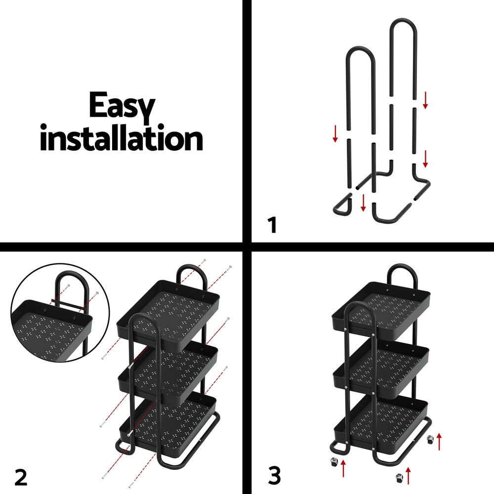 Artiss Storage Trolley Kitchen Cart 3 Tiers Rack Shelf Organiser Wheels Black-5