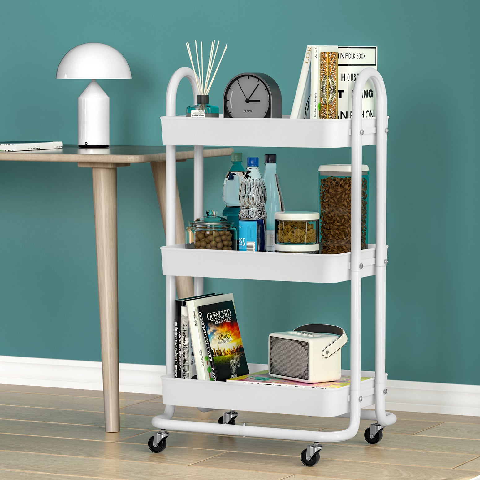 Artiss Storage Trolley Kitchen Cart 3 Tiers Rack Shelf Organiser Wheels White-4