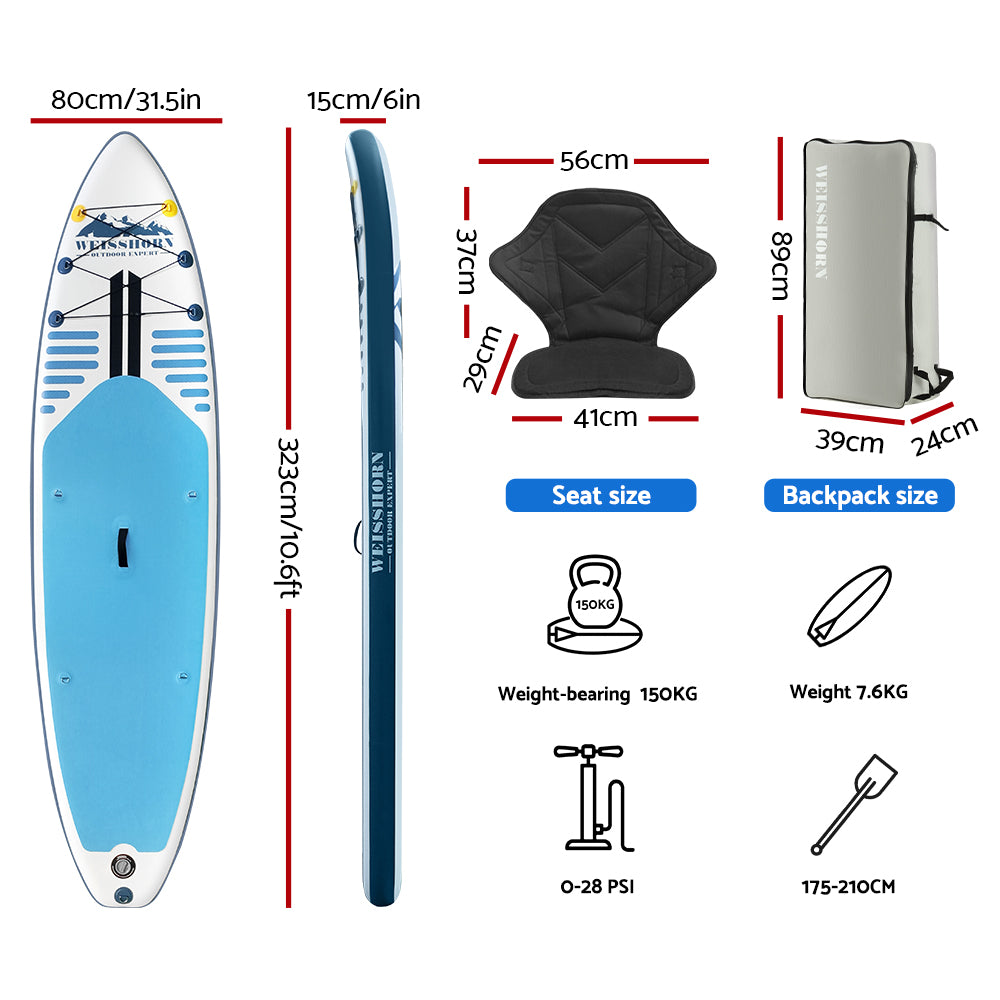 Weisshorn Stand Up Paddle Board 10.6ft Inflatable SUP Surfboard Paddleboard Kayak Surf Blue-1