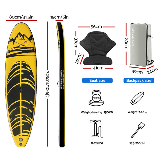 Weisshorn Stand Up Paddle Board 10.6ft Inflatable SUP Surfboard Paddleboard Kayak Surf Yellow-1