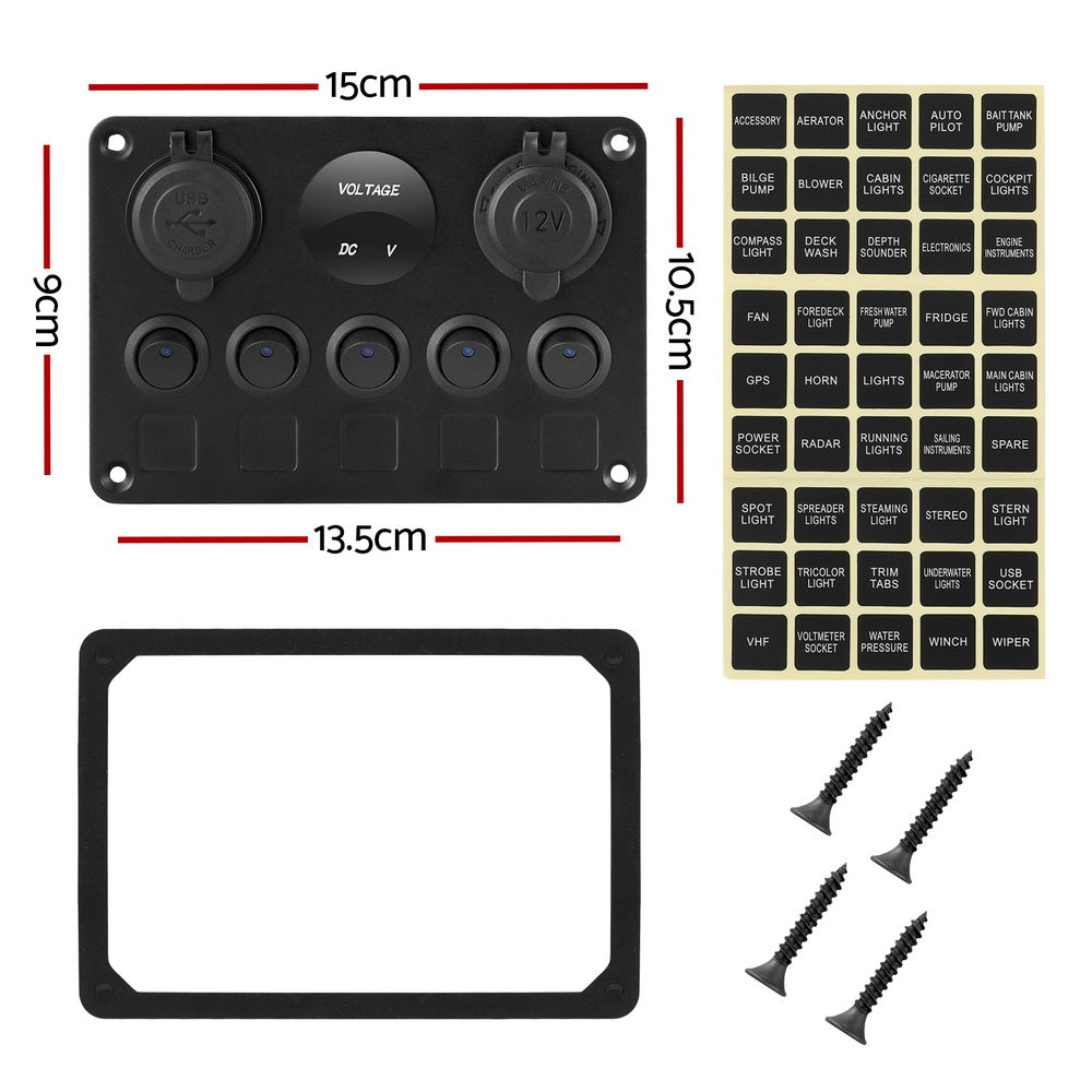 Giantz 5 Gang 12V Switch Panel For Car Boat Marine USB ON-OFF LED Rocker Toggle-1