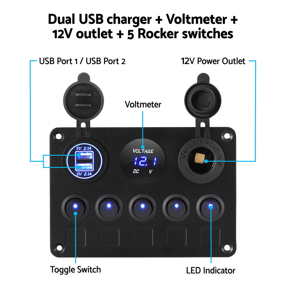 Giantz 5 Gang 12V Switch Panel For Car Boat Marine USB ON-OFF LED Rocker Toggle-3