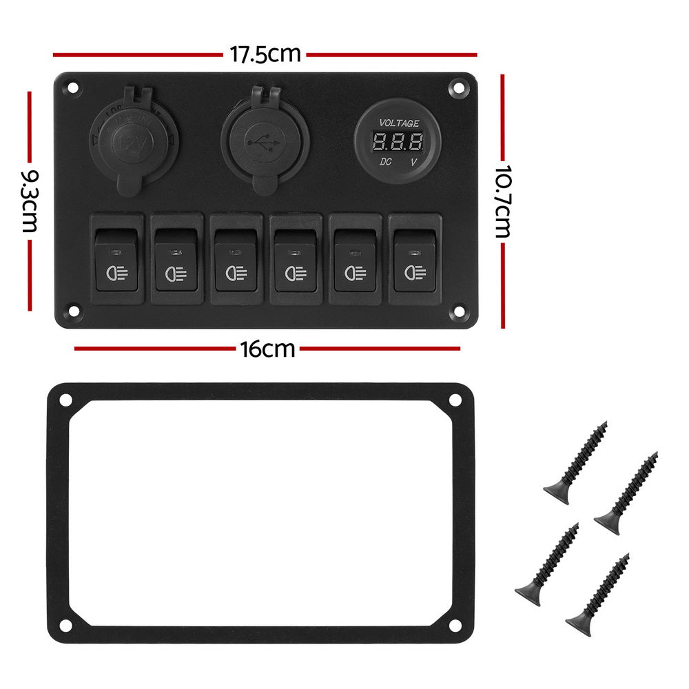 Giantz 6 Gang 12V Switch Panel For Car Boat Marine USB ON-OFF LED Rocker Toggle-1