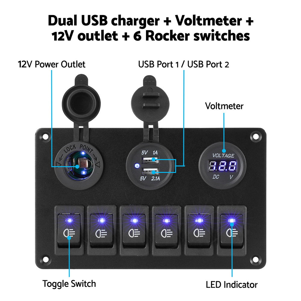 Giantz 6 Gang 12V Switch Panel For Car Boat Marine USB ON-OFF LED Rocker Toggle-3