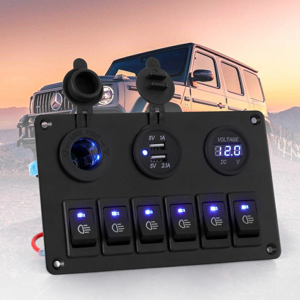 Giantz 6 Gang 12V Switch Panel For Car Boat Marine USB ON-OFF LED Rocker Toggle-6