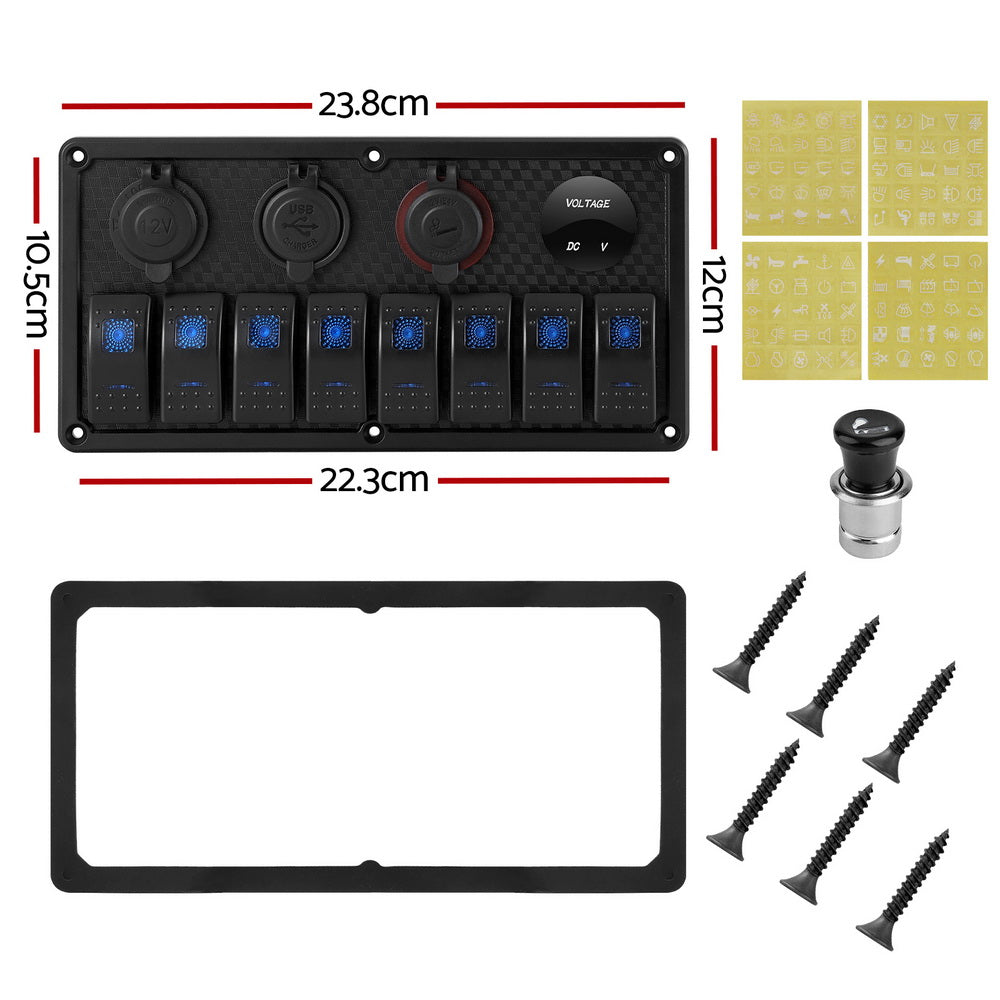 Giantz 8 Gang 12V Switch Panel For Car Boat Marine USB ON-OFF LED Rocker Toggle-1