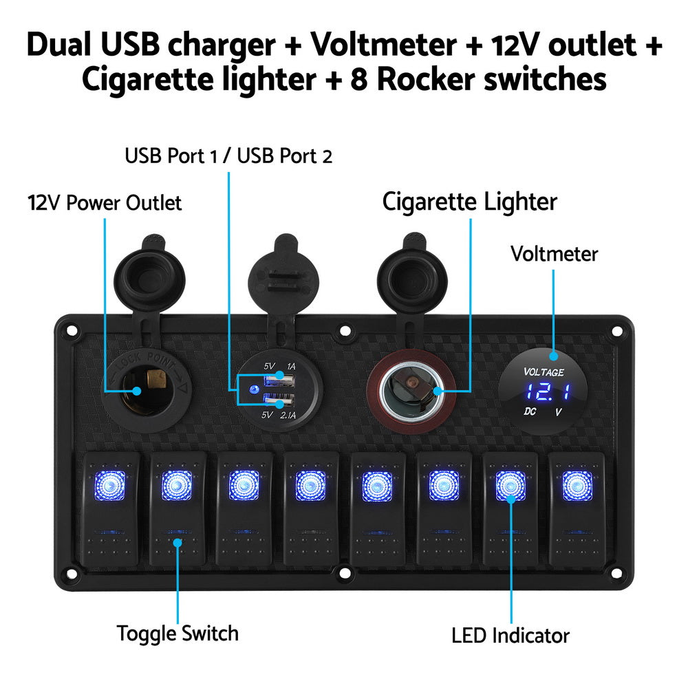 Giantz 8 Gang 12V Switch Panel For Car Boat Marine USB ON-OFF LED Rocker Toggle-3