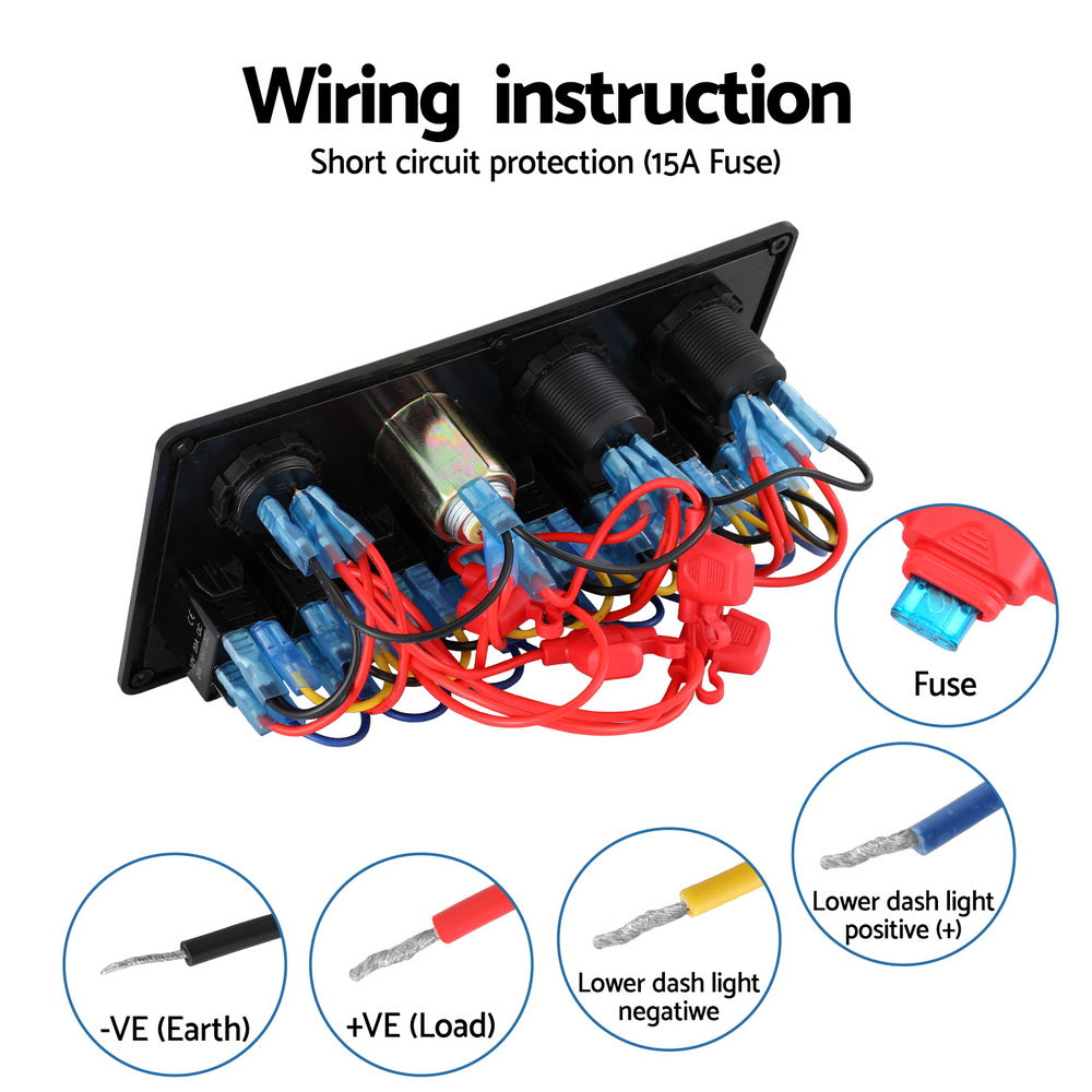 Giantz 8 Gang 12V Switch Panel For Car Boat Marine USB ON-OFF LED Rocker Toggle-4