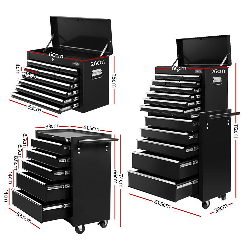 Giantz 15 Drawers Tool Chest Trolley Toolbox 2-in-1 Storage Black-1