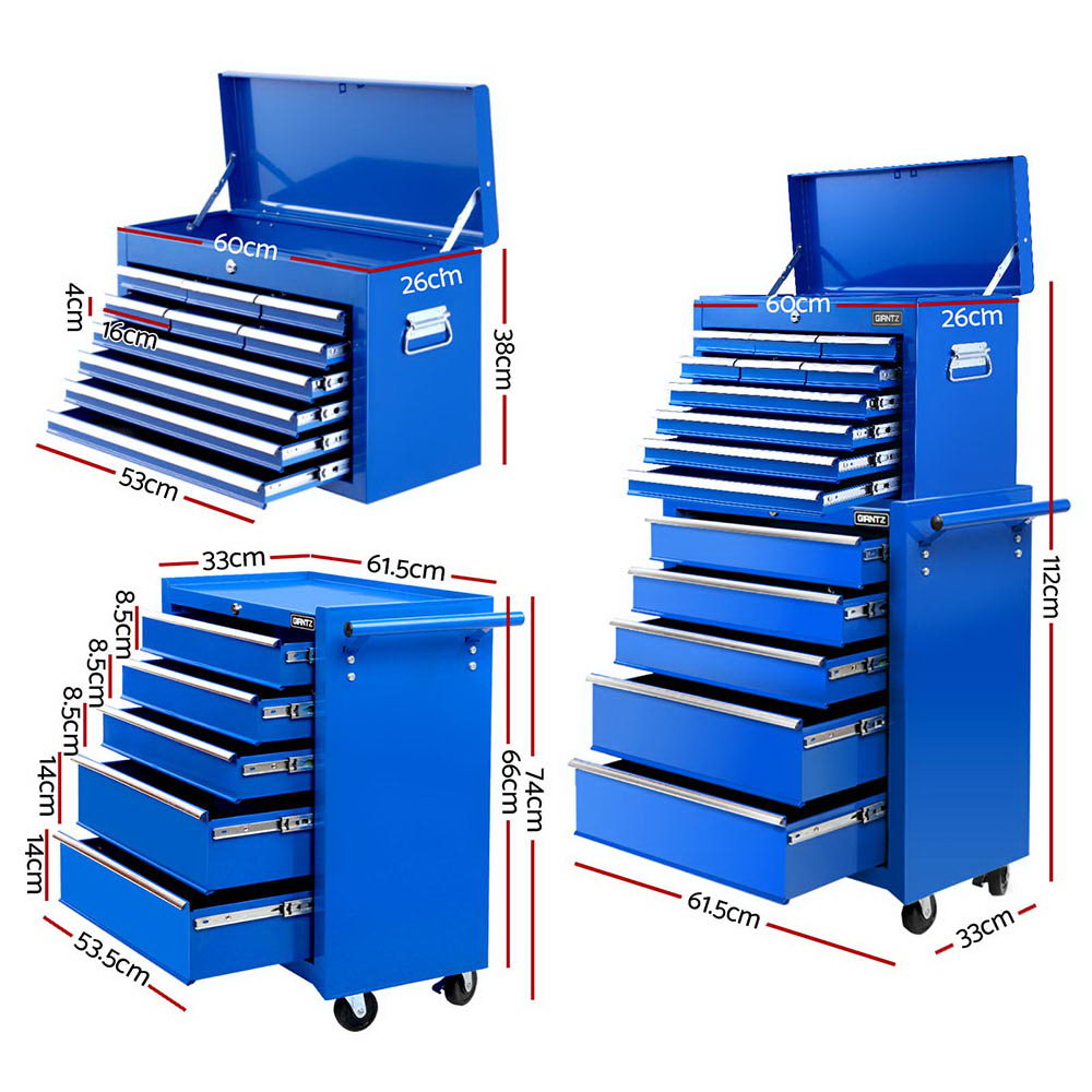 Giantz 15 Drawers Tool Chest Trolley Toolbox 2-in-1 Storage Blue-1
