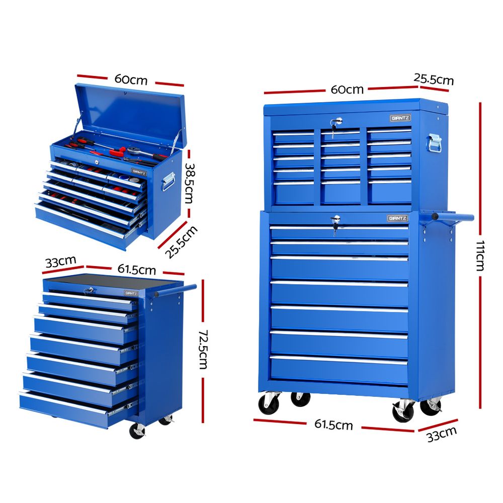 Giantz Tool Chest and Trolley Box Cabinet 16 Drawers Cart Garage Storage Blue-1