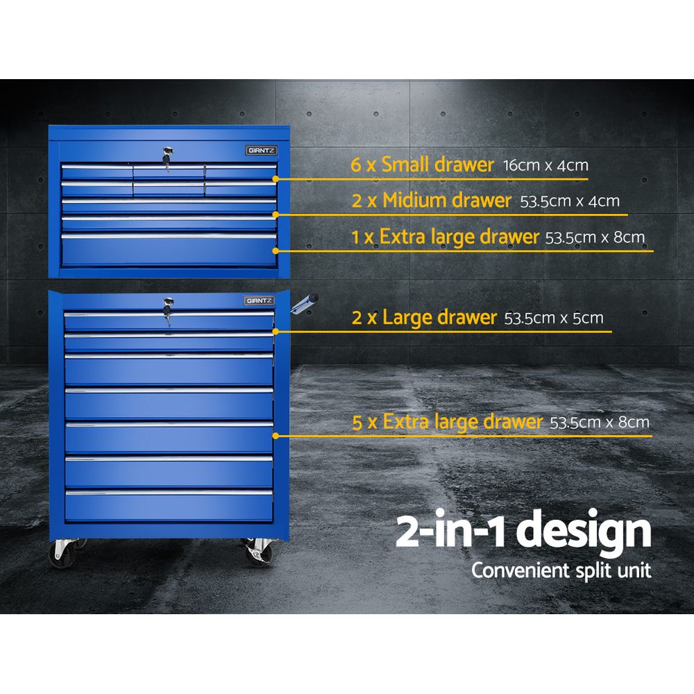 Giantz Tool Chest and Trolley Box Cabinet 16 Drawers Cart Garage Storage Blue-2