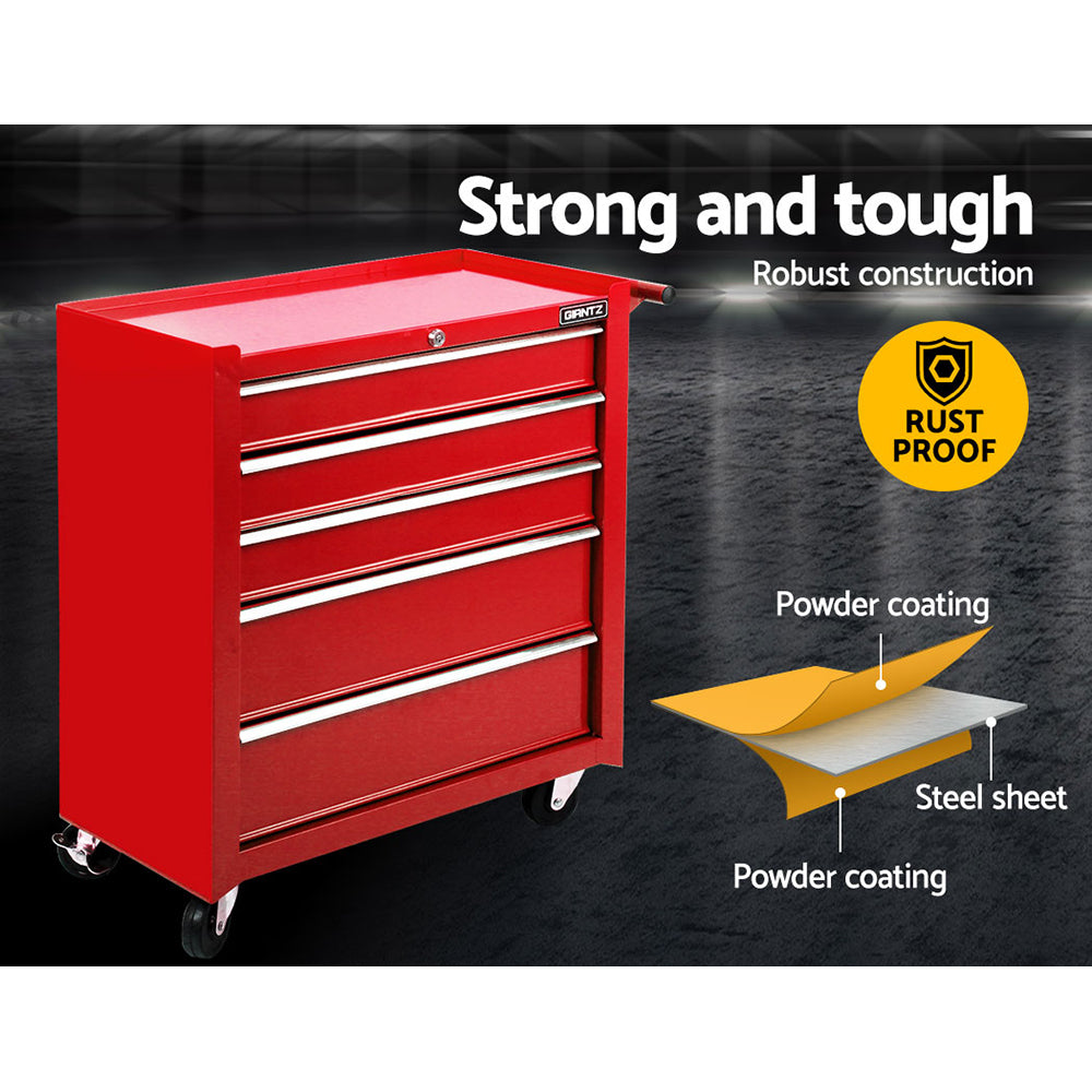 Giantz 5 Drawer Tool Box Cabinet Chest Trolley Box Garage Storage Toolbox Red-2