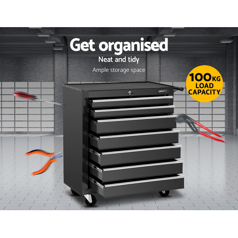 Giantz 7 Drawer Tool Box Cabinet Chest Trolley Storage Garage Toolbox Black-3