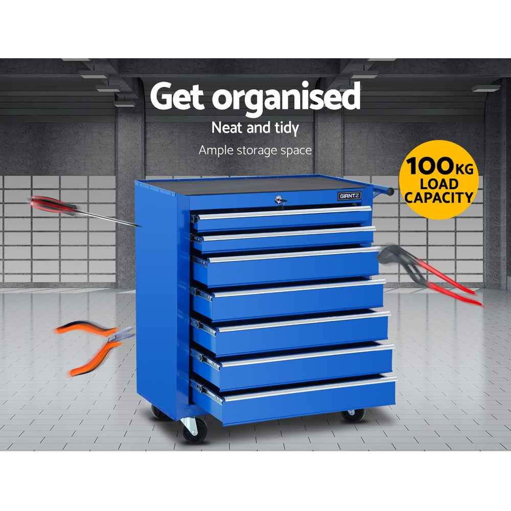 Giantz 7 Drawer Tool Box Cabinet Chest Trolley Storage Garage Toolbox Blue-3