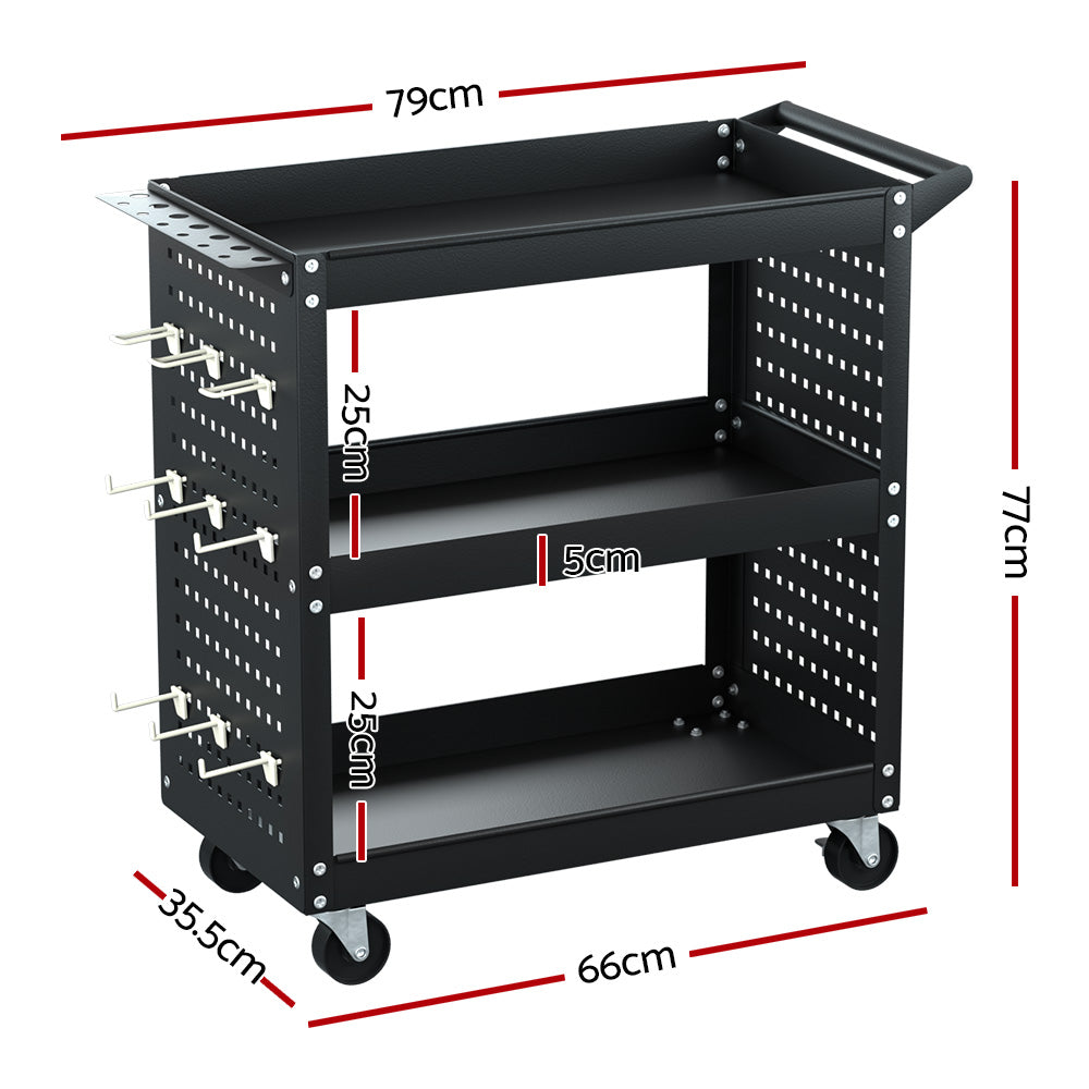 Giantz 3-Tier Tool Cart Storage Trolley Workshop Garage Pegboard Hooks Black-1