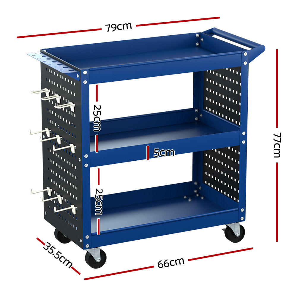 Giantz 3-Tier Tool Cart Storage Trolley Workshop Garage Pegboard Hooks Blue-1