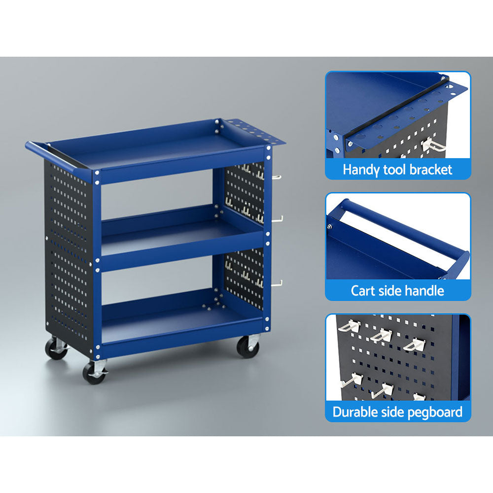 Giantz 3-Tier Tool Cart Storage Trolley Workshop Garage Pegboard Hooks Blue-5