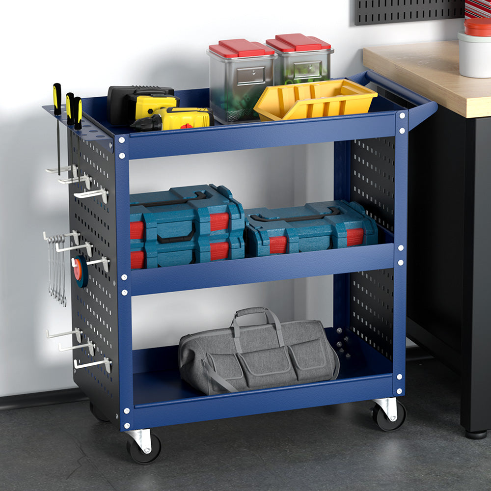 Giantz 3-Tier Tool Cart Storage Trolley Workshop Garage Pegboard Hooks Blue-6