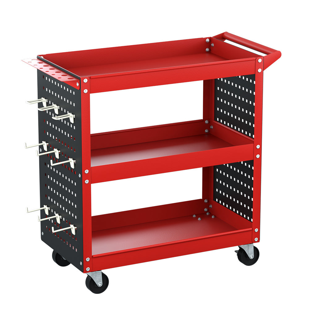 Giantz 3-Tier Tool Cart Storage Trolley Workshop Garage Pegboard Hooks Red-0