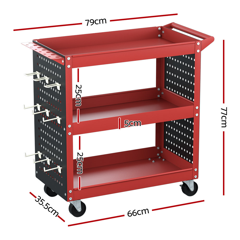 Giantz 3-Tier Tool Cart Storage Trolley Workshop Garage Pegboard Hooks Red-1