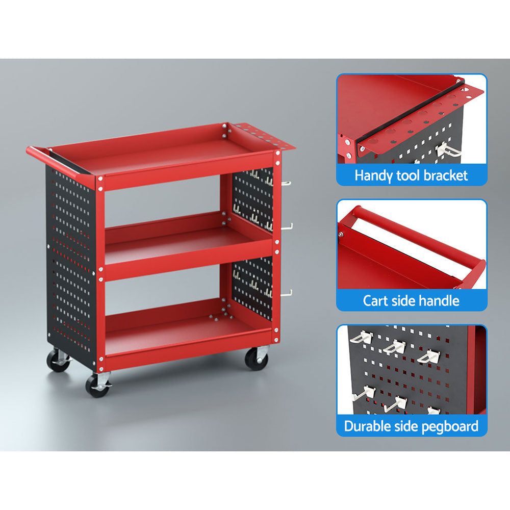 Giantz 3-Tier Tool Cart Storage Trolley Workshop Garage Pegboard Hooks Red-5